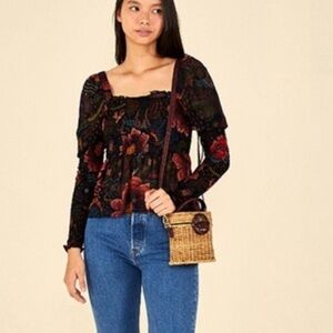 Farm Rio Black River Creatures Smocked Blouse Small NWT